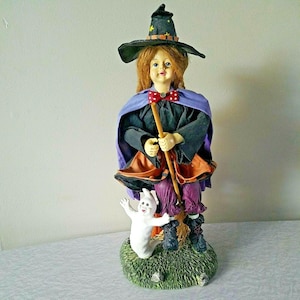 Halloween Witch with Ghosts Pumpkins Figurine Fabric Mache Decoration 13&quot;