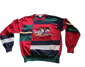 Vintage Disney Striped Cotton Crewneck Sweater Mickey Goofy & Donald Red Size L