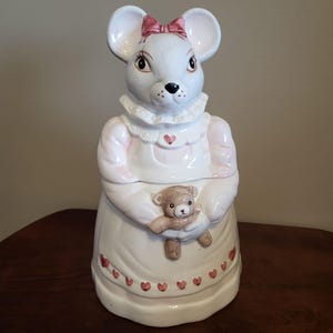 Vintage 1990s Melinda Mouse Cookie Jar Cottage Core Pink Dress White Apron