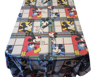 Drap plat pour lit simple en flanelle à carreaux Mickey Mouse Disney Rouge Jaune Bleu Vert