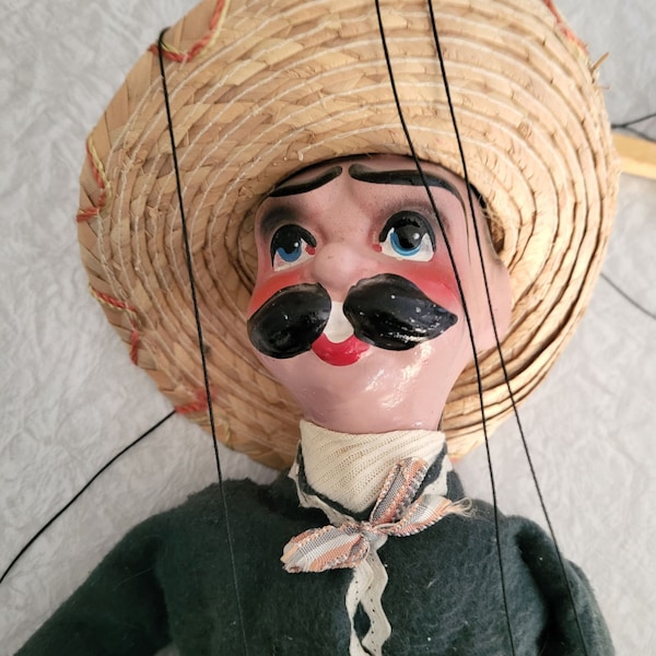 Vintage Mexican Folk Art String Puppet Guns Marionette 1960's Sombrero Bandito