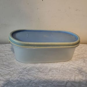 Puede incluir: Un recipiente ovalado de color azul claro con una tapa a juego. La tapa tiene un centro azul claro y un borde amarillo verdoso pálido. El recipiente está sobre una superficie blanca texturizada.