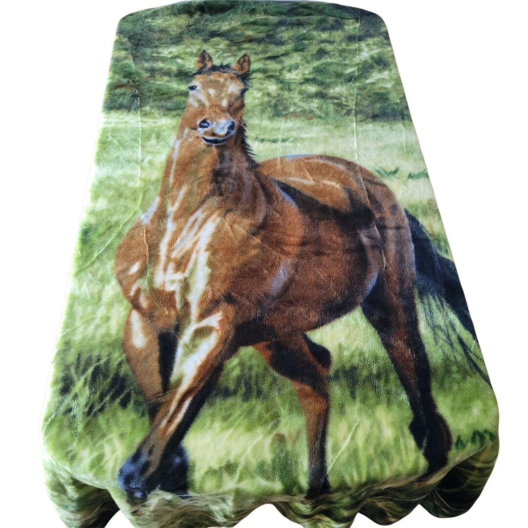 Vintage Biederlack Acrylic Throw Blanket Horse Equestrian USA 58 X 76