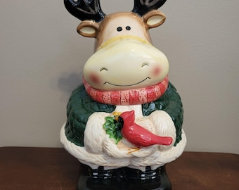 Christmas Moose With Cardinal Cookie Jar Royal Seasons Ceramic