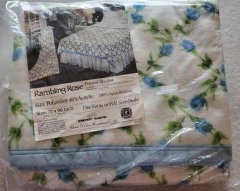 NEW Owen Vintage Blanket 72 x 90&quot; Twin Full Size Rambling Blue Rose Floral Roses