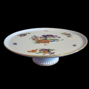 Vintage Floral Porcelain 11 5/8&quot; Cake Stand Bareuther Waldsassen Bavaria Germany