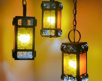 Vintage MCM Spanish Revival Swag 3-Light Hanging Lantern Fixture Colored Gothic