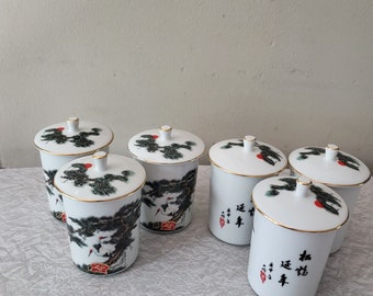 Lot de 6 tasses à thé couvercles en porcelaine blanche avec hérons grues arbre Red Sun Taiwan