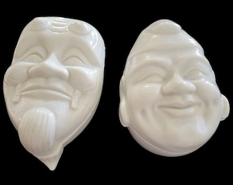 Vintage Set of 2 Japanese Okina Mask Trinket Boxes Box Lidded White Ceramic