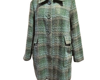 Vintage Womens Harvé Benard Green & Brown Plaid Wool Blend Tweed Coat