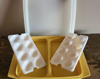Vintage Tupperware Deviled-eierhouder met deksel geel en wit plastic