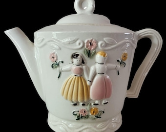 Vintage Porcelier Teapot Dutch Boy and Girl Made In The USA White Vitreous China