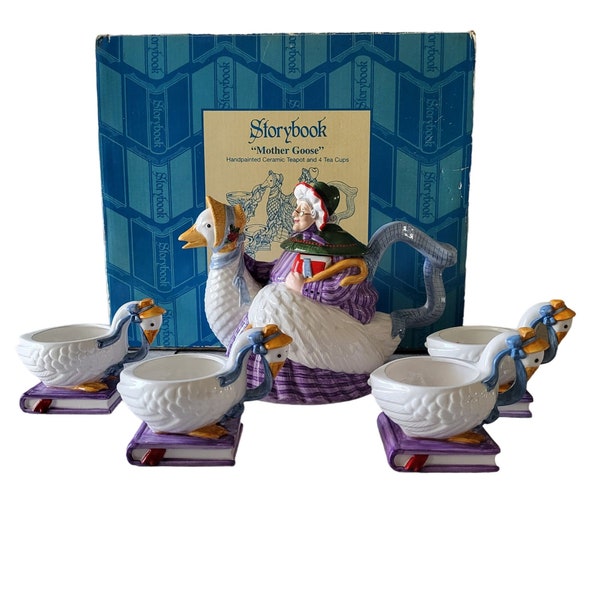Vintage Dept 56 Storybook Mother Goose Teapot Cups Hand Painted Ceramic Tea Set