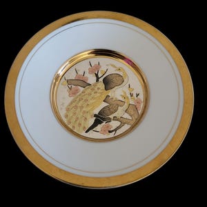 Vintage 1980s Peacocks Art of Chokin Japanese 6&quot; Plate 24kt Gold
