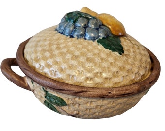 Ceramic 6 in Casserole Dish Lid Fruit Basket Lemons Grapes Brown Crazing Asian