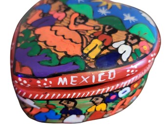 Mexican Folk Art Heart-Shaped Ceramic Trinket Box With Colorful Design