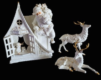 Grandeur Noel White Porcelain Gold Firing Santa Set Reindeer Girl Christmas Day