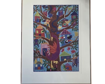 Vintage "Don't Grow on Trees" Birds Birdhouses by artist Nancy Coffelt 32" x 24"