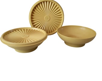 Vintage Used Tupperware Servalier Mustard Cereal Salad Bowls and Lids Set of 2