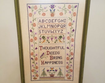 Finished Counted Cross Stitch Sampler Framed Thoughtful Deeds Bring Happiness