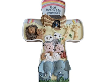 Dios cumple sus promesas Arca de Noé Cruz de pared Animales Arcoíris 8" Abbey Press