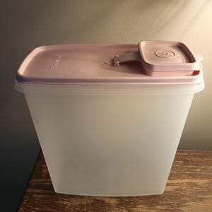 May include: A clear, rectangular plastic container with a light pink lid and a smaller, attached pink lid. The container has a latch to secure the lid. The container is sitting on a wooden surface.