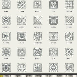 May include: A fabric panel featuring 25 square crochet patterns, each with a unique design and name. The patterns are in shades of gray on a cream background. A ruler at the bottom measures up to 8 inches.