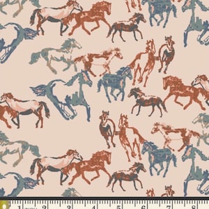 May include: A seamless pattern featuring a repeating design of horses running in various shades of blue, brown, and gray on a light pink background. The horses are stylized and have a vintage look.