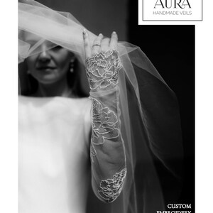 Custom-bespoke-fingerless-wedding-gloves-with-flower embroidery-sheer-floral-peony-tulle-gloves-modern-statement bridal-accessory-aura-veils