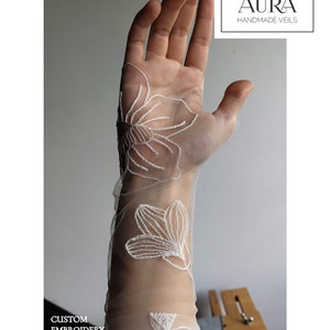 Custom bespoke fingerless wedding gloves with flower embroidery • Sheer floral peony tulle gloves • Modern statement bridal accessory • Aura Veils