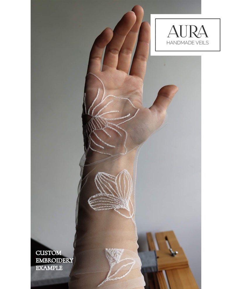 Custom bespoke fingerless wedding gloves with flower embroidery • Sheer floral peony tulle gloves • Modern statement bridal accessory • Aura Veils