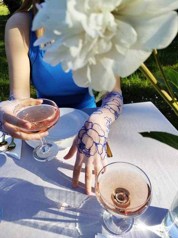 Bespoke fingerless wedding gloves with flower embroidery • Sheer floral peony tulle gloves • Modern statement bridal accessory • Aura Veils