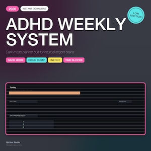 Könnte beinhalten: Digitaler Wochenplaner für das ADHD-System mit Dark-Mode-Design. Der Planer enthält Abschnitte für Brain Dumps, Energielevel und Time Blocks. Das Design ist für neurodivergente Gehirne konzipiert. Sofortiger Download.