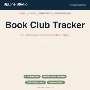 Op de afbeelding: Een digitale sjabloon van UpLine Studio voor een Book Club Tracker. Het ontwerp bevat de titel "Book Club Tracker" in grote, donkerblauwe tekst. Extra tekst bevat "Run a book club without spreadsheet fatigue." en verschillende functielabels.