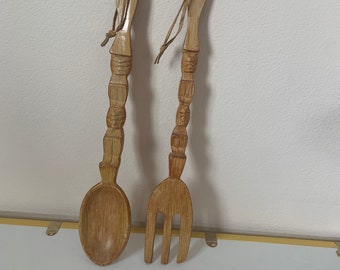 Vintage Wooden Spoon and Fork Tiki Totem Pole Wall Decor 70s MCM