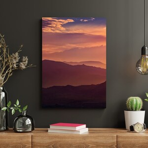 Printable (4:3) wall art, sunset, mountains, clouds, twilight, red, frame for interior