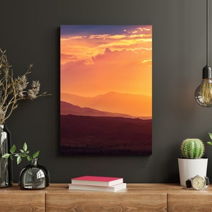 Printable (4:3) wall art, sunset, mountains, clouds, twilight, red, frame for interior