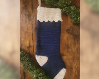 Homemade Crochet Christmas Stocking / Navy & Ivory with Metallic Gold