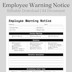 Könnte beinhalten: Ein schwarz-weißes Mitarbeiterwarnungs-Dokument. Das Dokument enthält Felder für Unternehmensinformationen, Mitarbeiterdetails, vorherige Warnungen, Verstossdetails, Disziplinarmassnahmen und die Bestätigung des Mitarbeiters. Das Dokument ist ein editierbares A4-Dokument.
