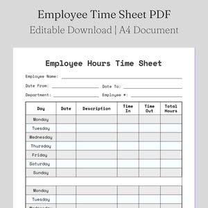 Peut inclure: Une feuille de temps pour employés imprimable au format PDF. Le document comprend des champs pour le nom de l'employé, le service et le suivi du temps pour chaque jour de la semaine. Le document est conçu pour le papier A4.
