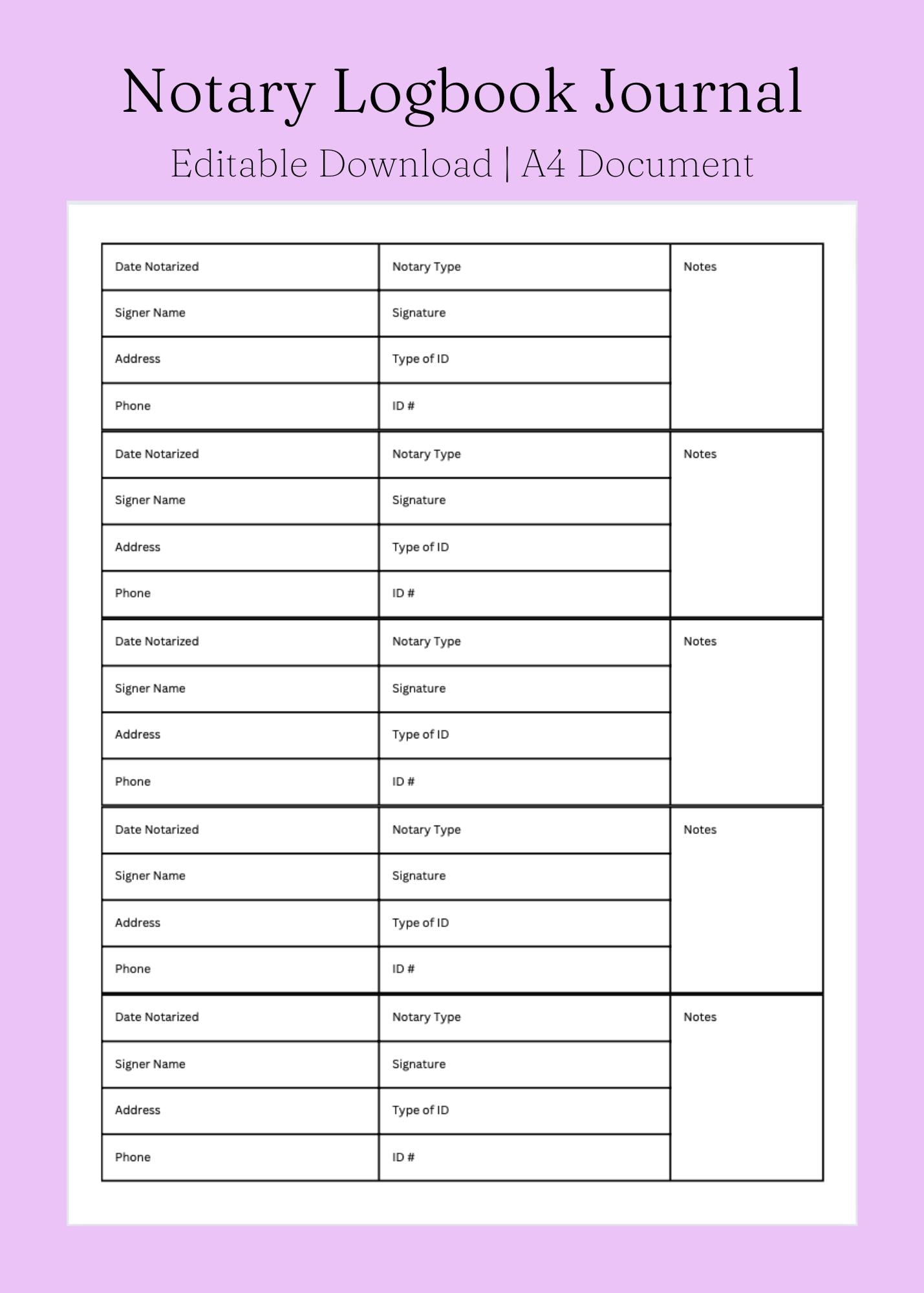 Editable Notary Logbook Journal: Printable A4 Notary Signing Form ...