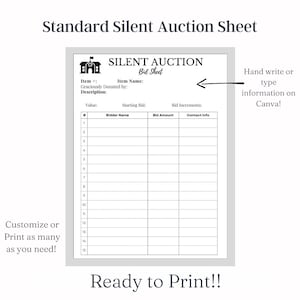 Silent Auction Bid Sheet | School Fundraising Bid Sheet | Fundraiser | Bid Sheet | Ready To Print | Editable Color Scheme