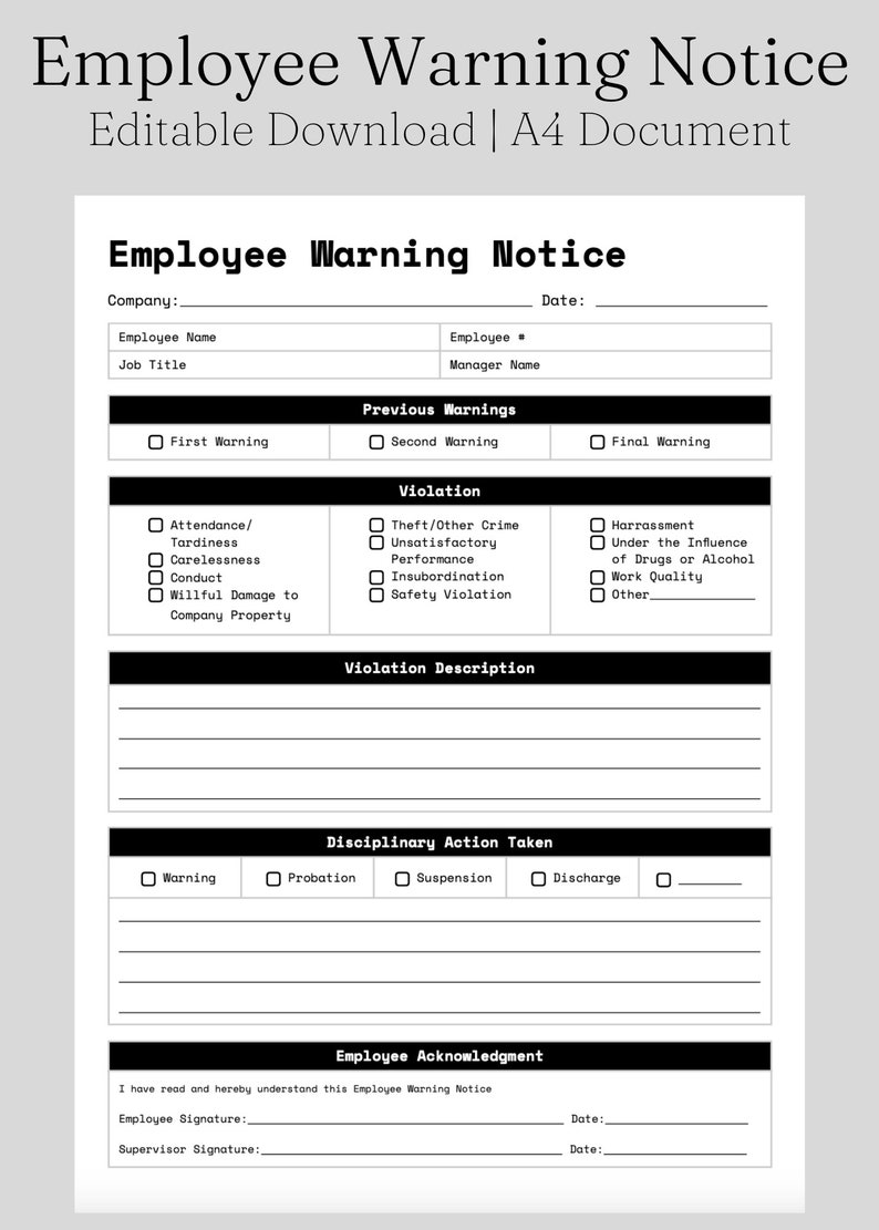 Ready to Print Employee Warning Notice Write up Form Performance ...