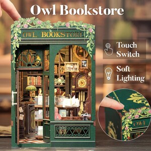 May include: A miniature wooden model of an owl bookstore with a green exterior, a sign that reads "Owl Bookstore", and a lit interior with shelves of books, a clock, and a figure sitting at a table. The model has a touch switch for soft lighting.