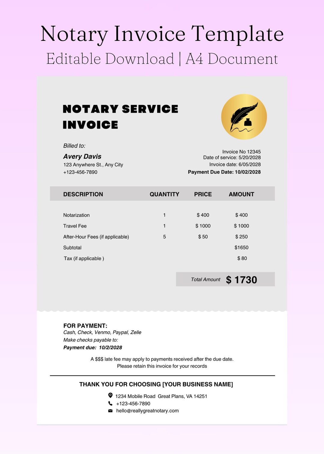 Editable Notary Invoice Template: National Notary Standard Document ...