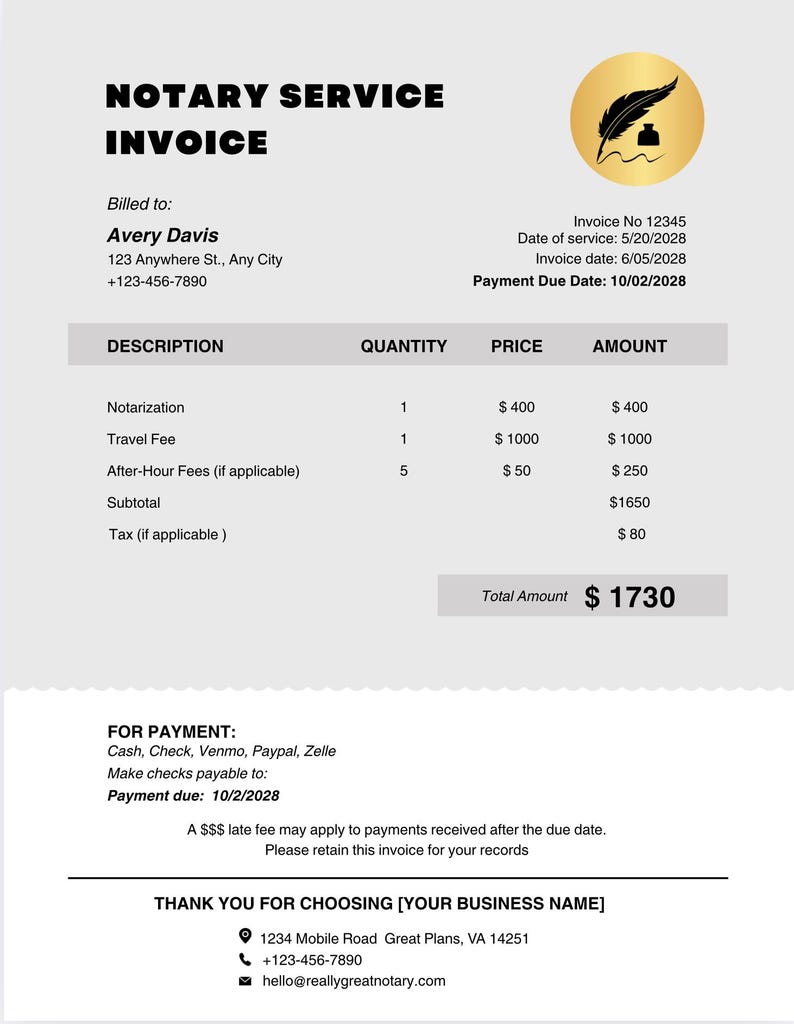 Editable Notary Invoice Template: National Notary Standard Document ...