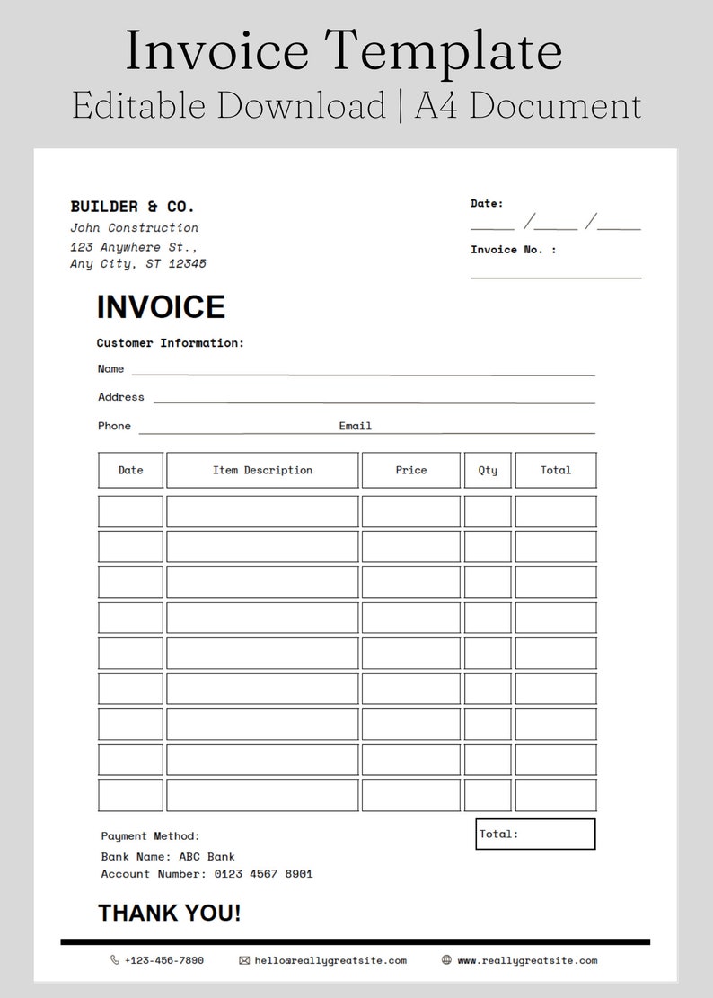 Ready to Print Invoice Template Quote Template Business Invoice Simple Editable Printable ...