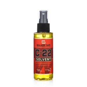 May include: A yellow bottle of C-22 Solvent by Walker Tape. The bottle has a black spray nozzle and a red label with white text. The label says "C-22 Solvent" and "Fast Acting, Gentle on Skin".