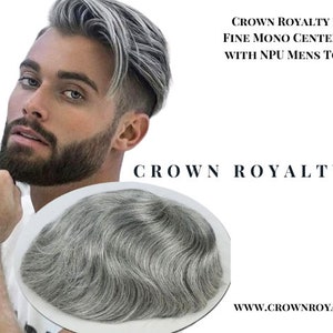 Crown Royalty Hair 8X10 Fine Hair Men&#39;s Hair Replacement System Toupee Platinum Grey Any Color in PU skin - Mono or French Lace