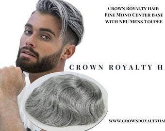 Crown Royalty Hair 8X10 Fine Hair Men's Hair Replacement System Toupee Platinum Grey Any Color in PU skin - Mono or French Lace